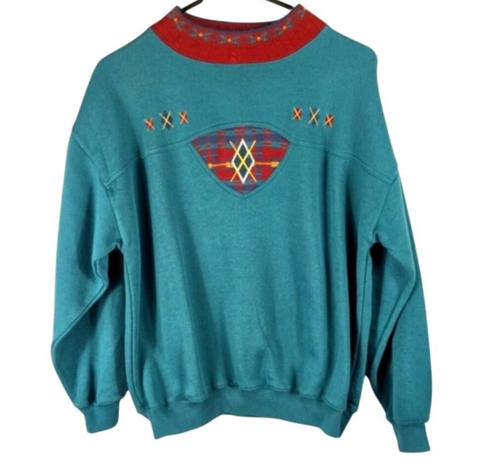 Vintage 62 East Sweatshirt M Embroidered Teal Red Retro Pullover Crewneck 90s